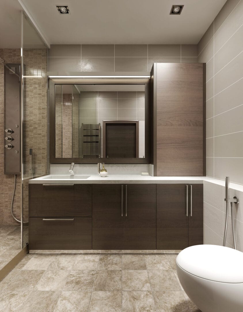 מקלחון זכוכית מעוצב ומרשים בחדר אמבטיה עם מראה גדולה